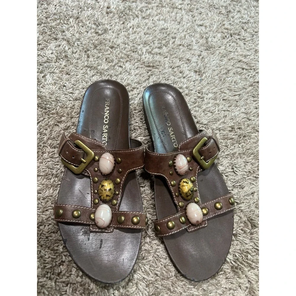 Franco Sarto Brown Leather Stone Studded Slide Sandals Western Boho Hippie  7M‎